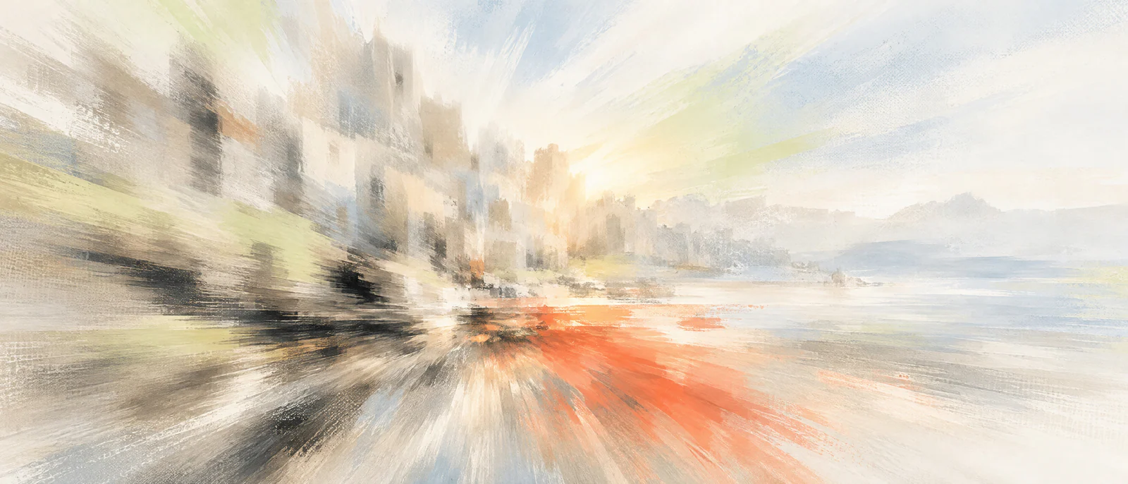 Abstract painted view of an old coastal town dissolving into a radial zoom blur, in sand, mist blue, pear green and coral.